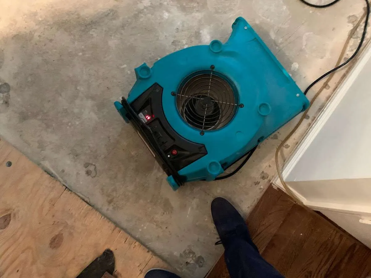 Air mover drying subfloor during Commercial Water Damage Restoration in Pleasanton